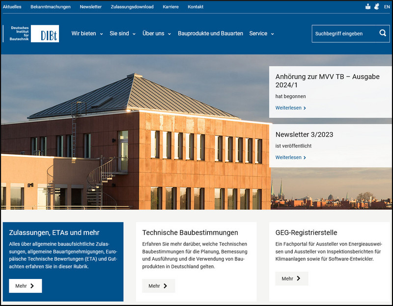 DIBt-Startseite Ausschnitt der DIBt-Startseite