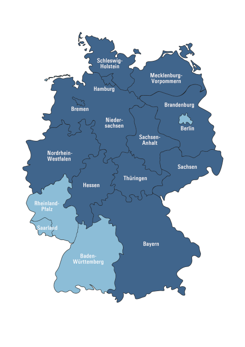 Deutschlandkarte mit allen Bundesländern. Diejenigen für die das DIBt zuständige Behörde ist, sind dunkelblau hinterlegt. Deutschlandkarte mit allen Bundesländern. Diejenigen für die das DIBt zuständige Behörde ist, sind dunkelblau hinterlegt.